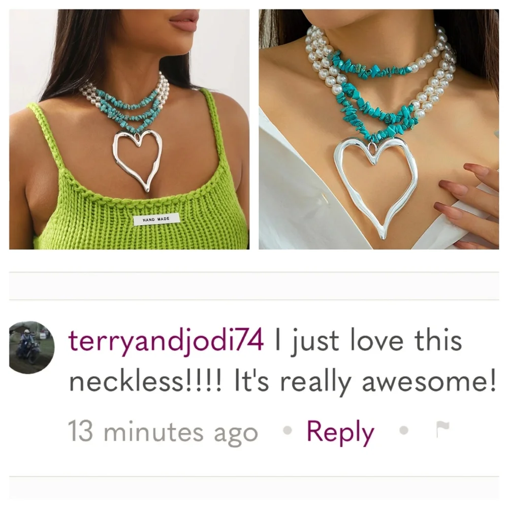 Heart Necklace Gold Pendant Turquoise and Pearl Strands - Picture 4 of 15